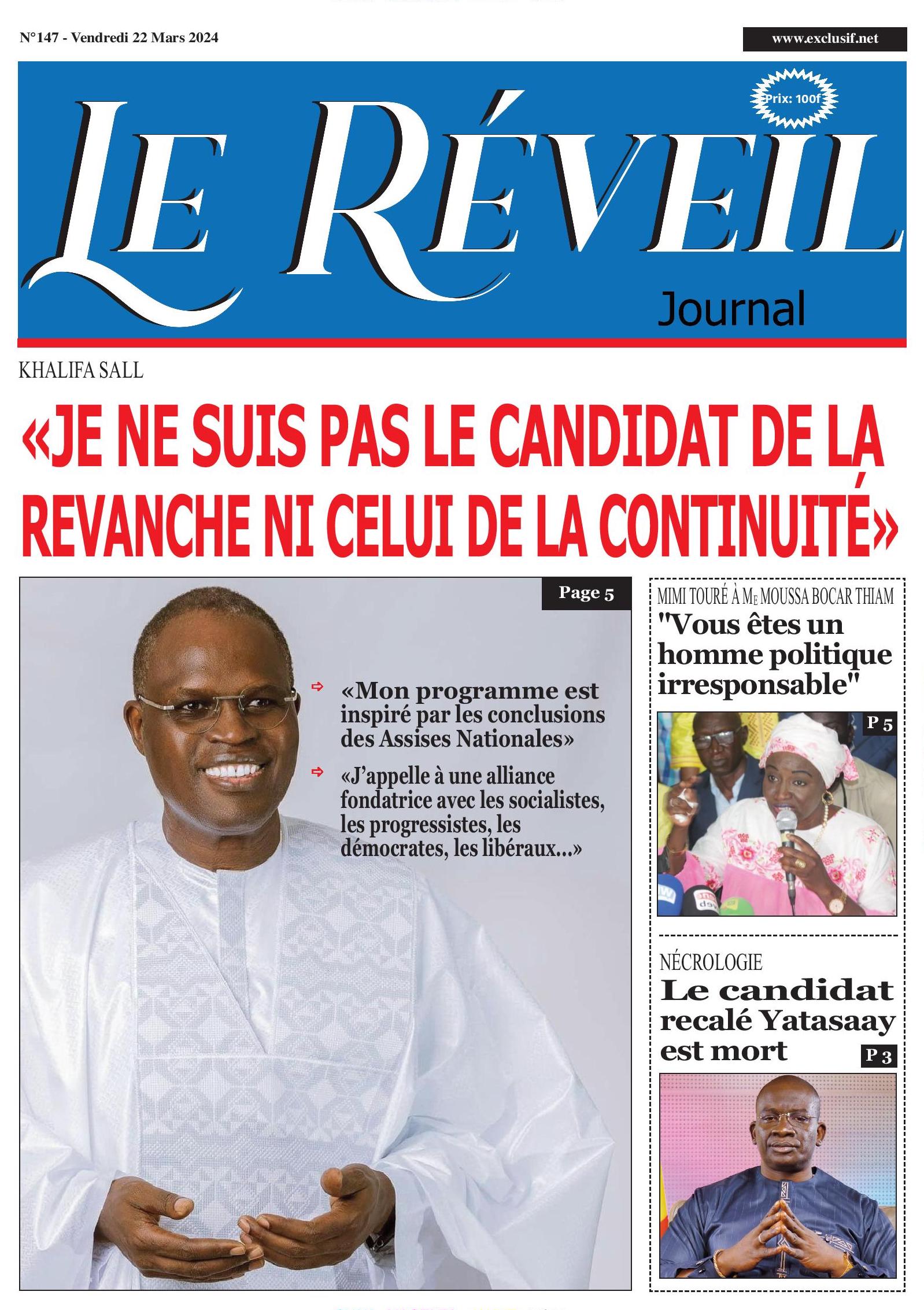 La Une du journal le Reveil du vendredi 22 Mars 2024