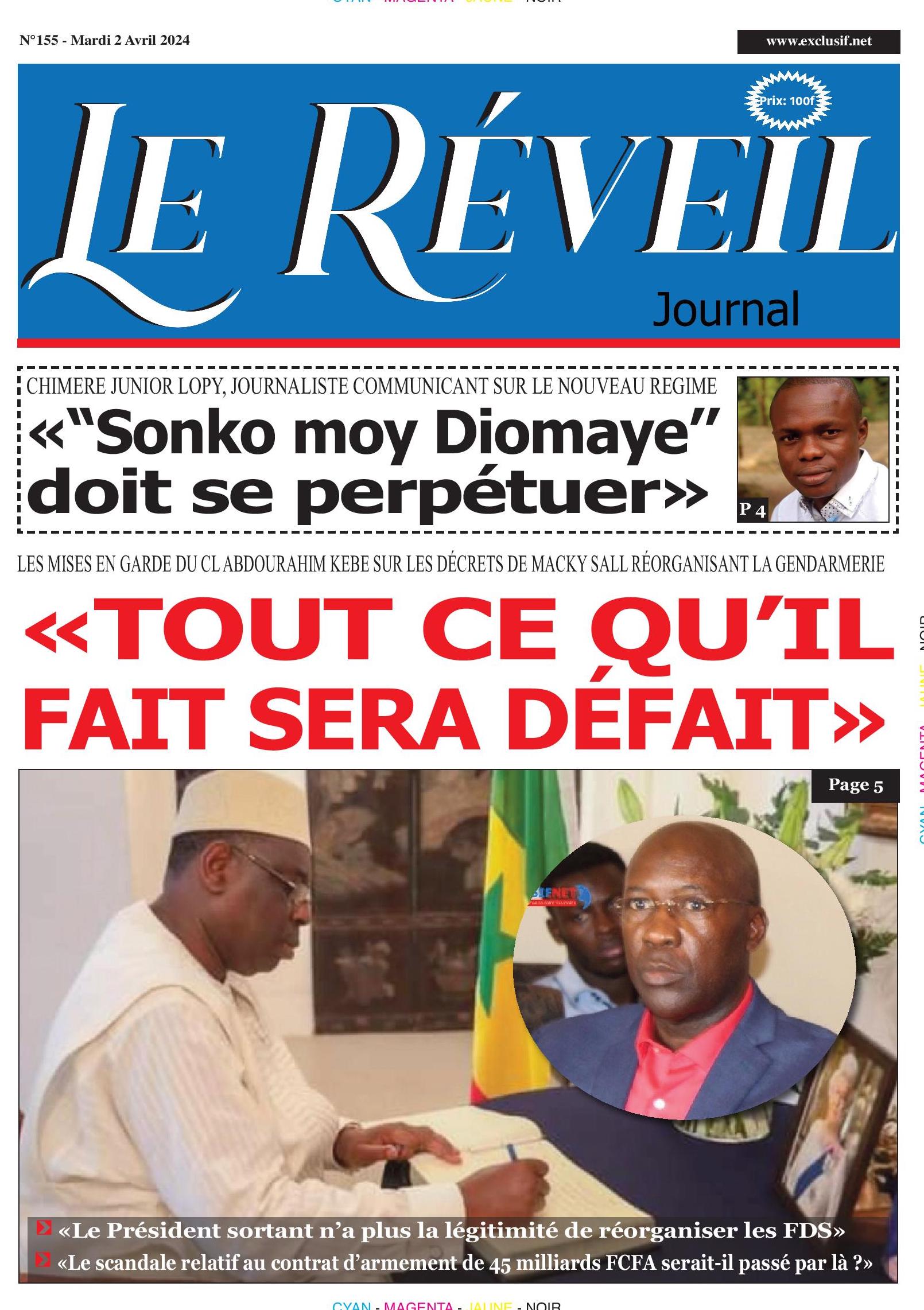 La Une du journal le Reveil du Mardi 2 Avril 2024