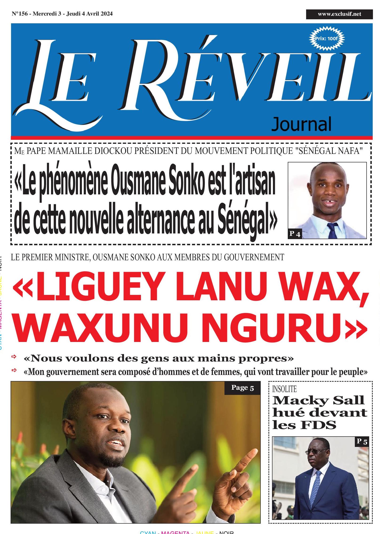 La Une du journal le Reveil du 03 Mars 2024