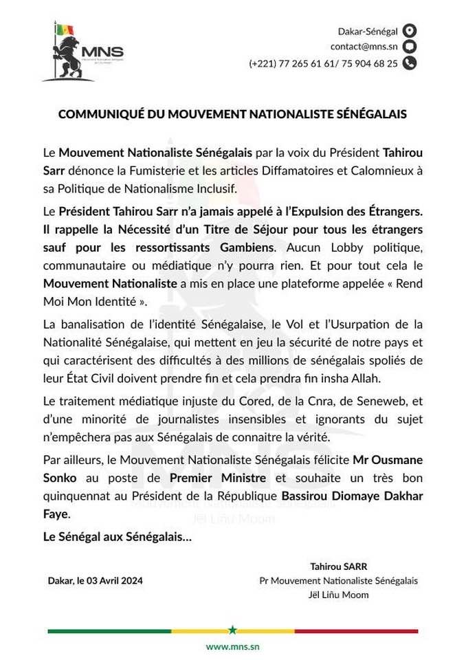 "Tahirou Sarr n’a jamais appelé à l’expulsion des étrangers" (communiqué)