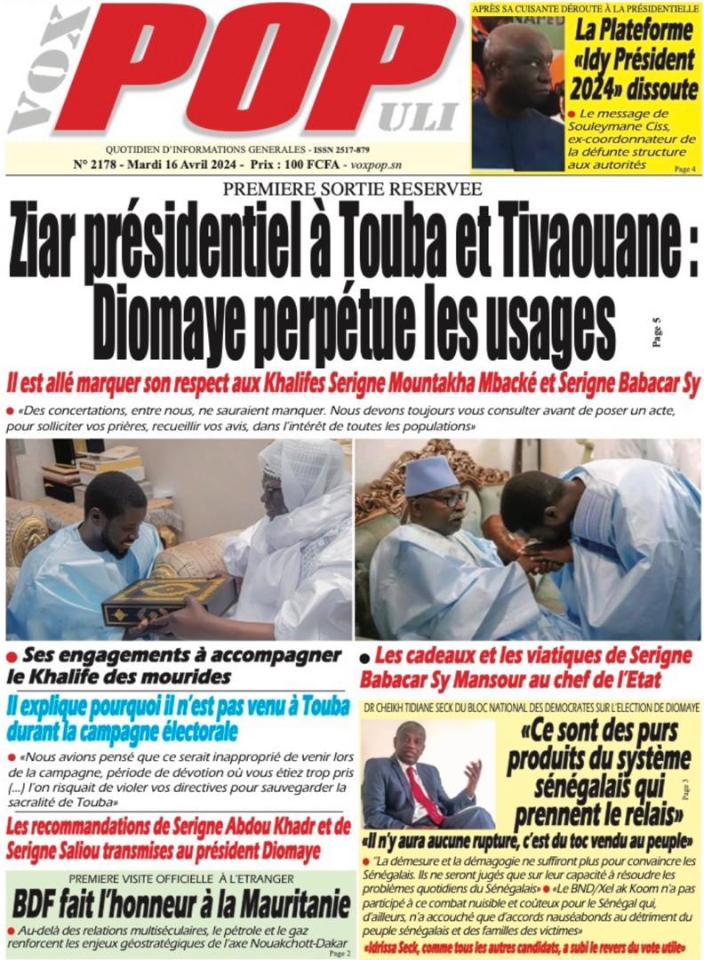 La Une du journal le réveil du Mardi 16 avril 2024