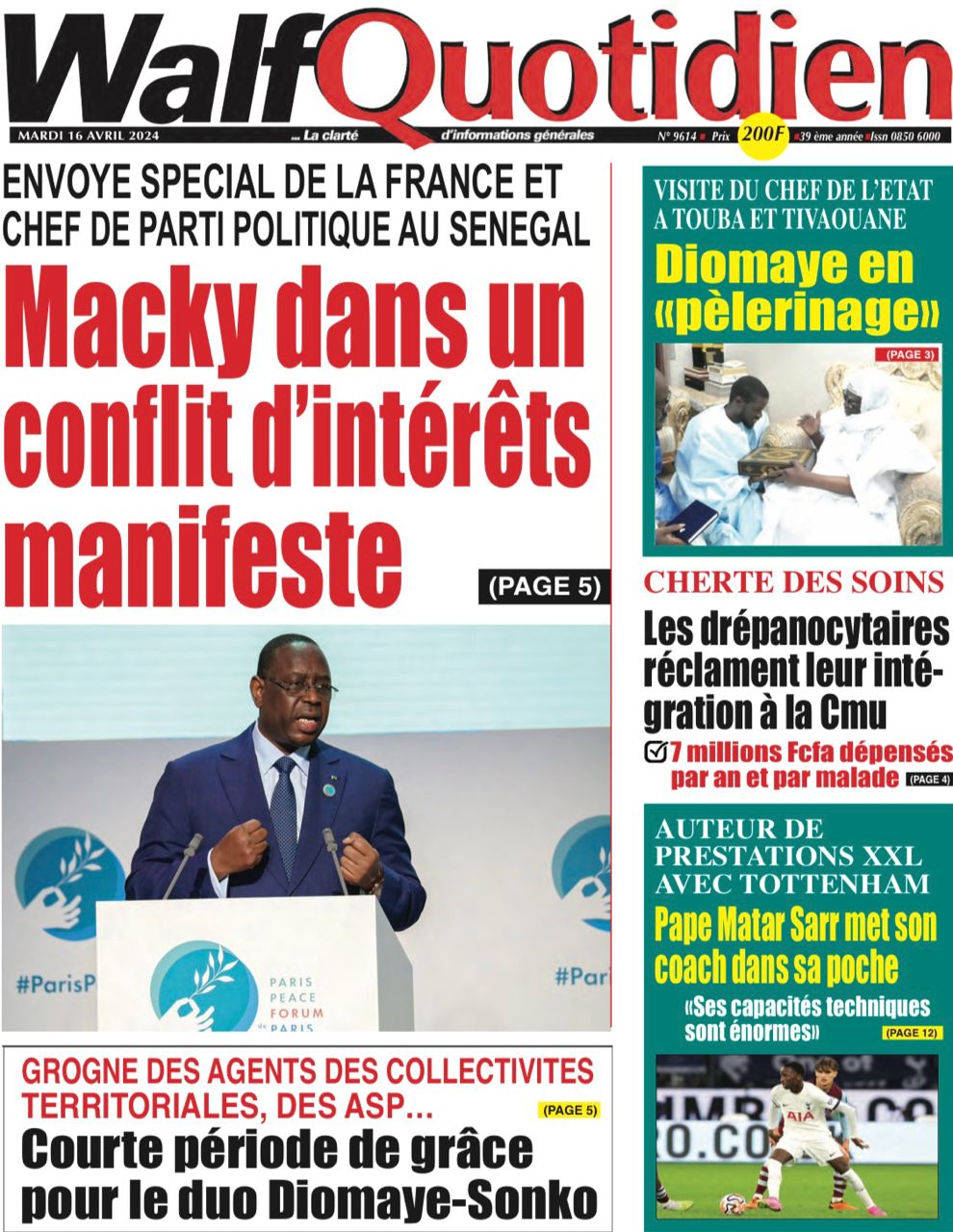 La Une du journal le réveil du Mardi 16 avril 2024