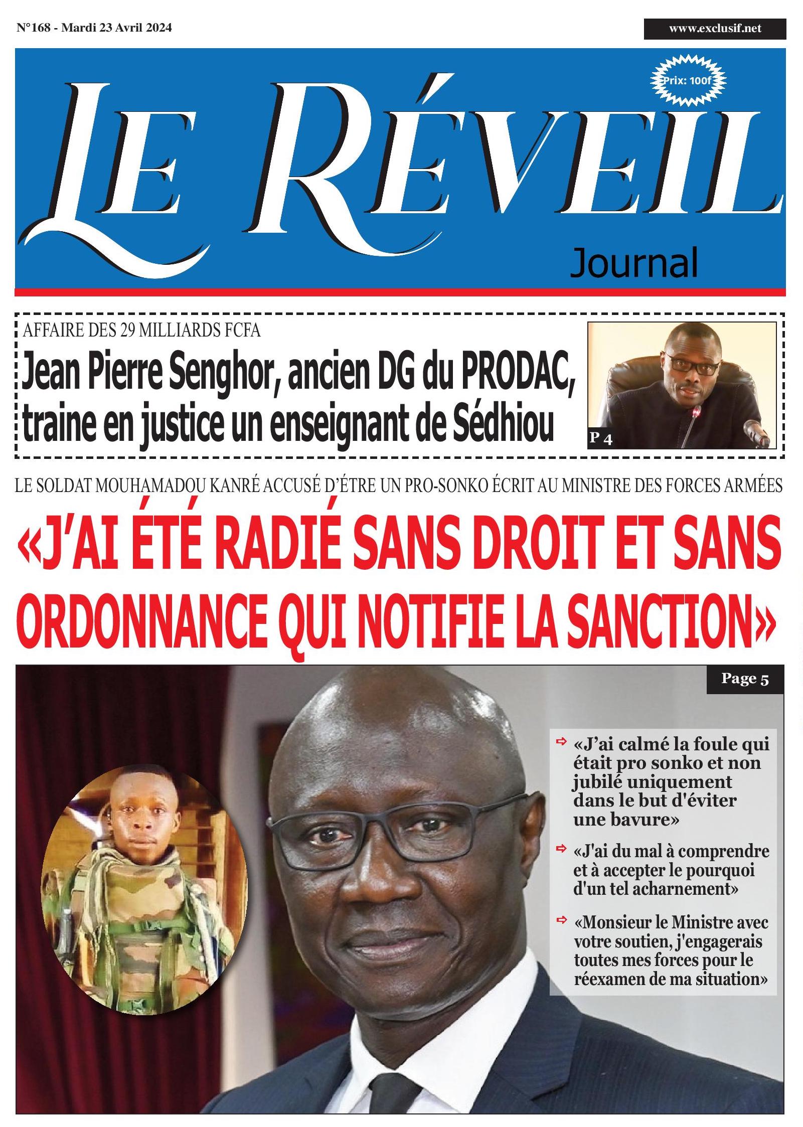 La Une du Journal le Réveil du Mardi 23 Avril 2024