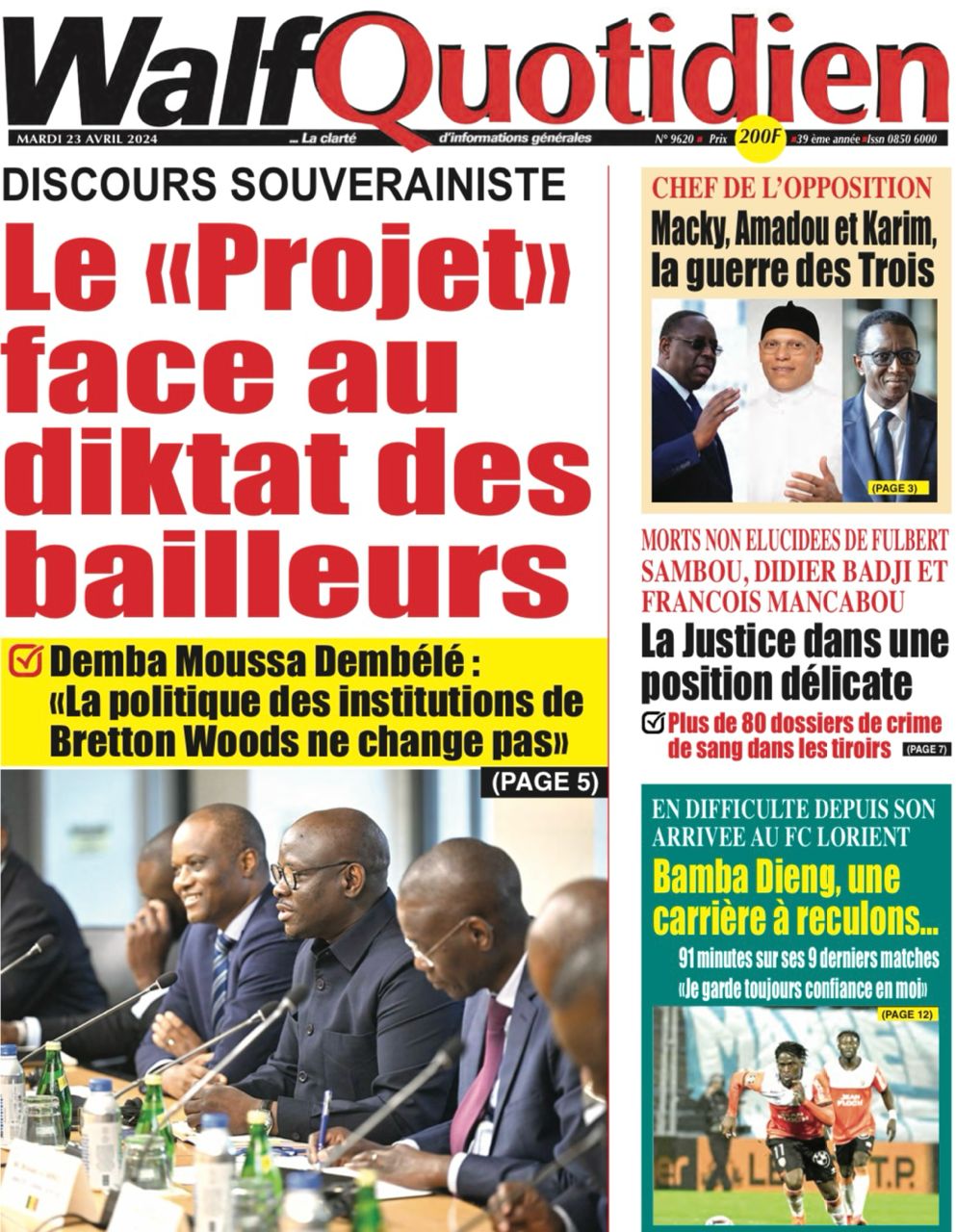 La Une du Journal le Réveil du Mardi 23 Avril 2024