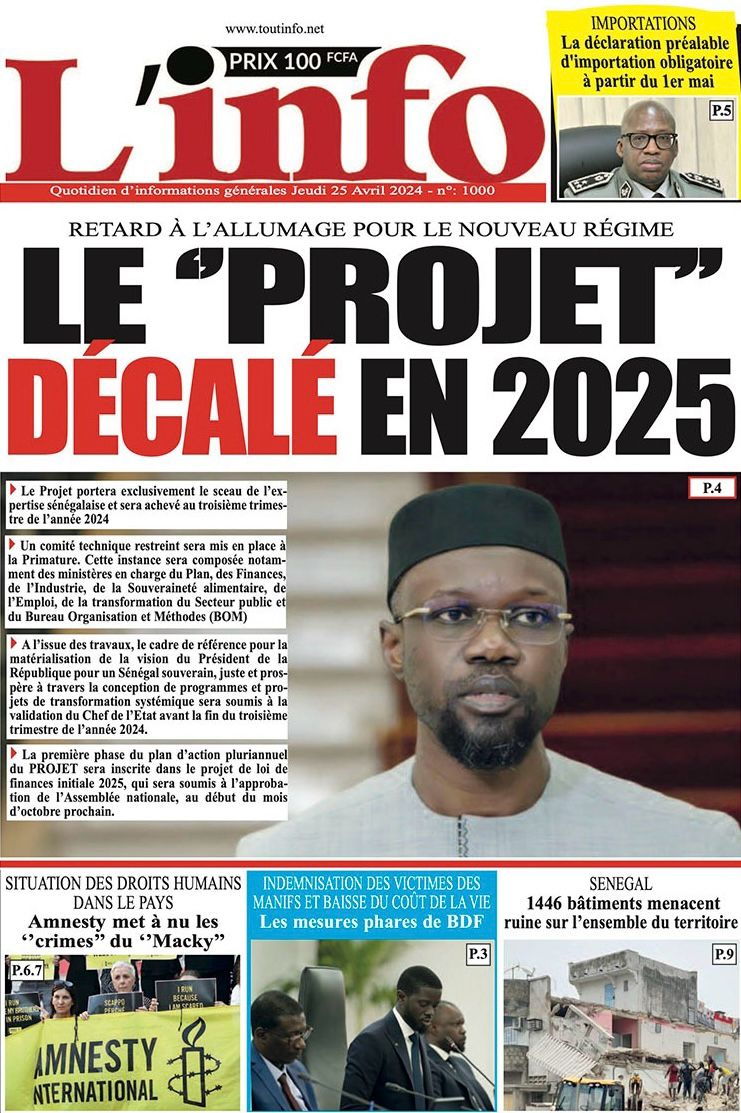 La Une du journal le Réveil du 25 Avril 2024