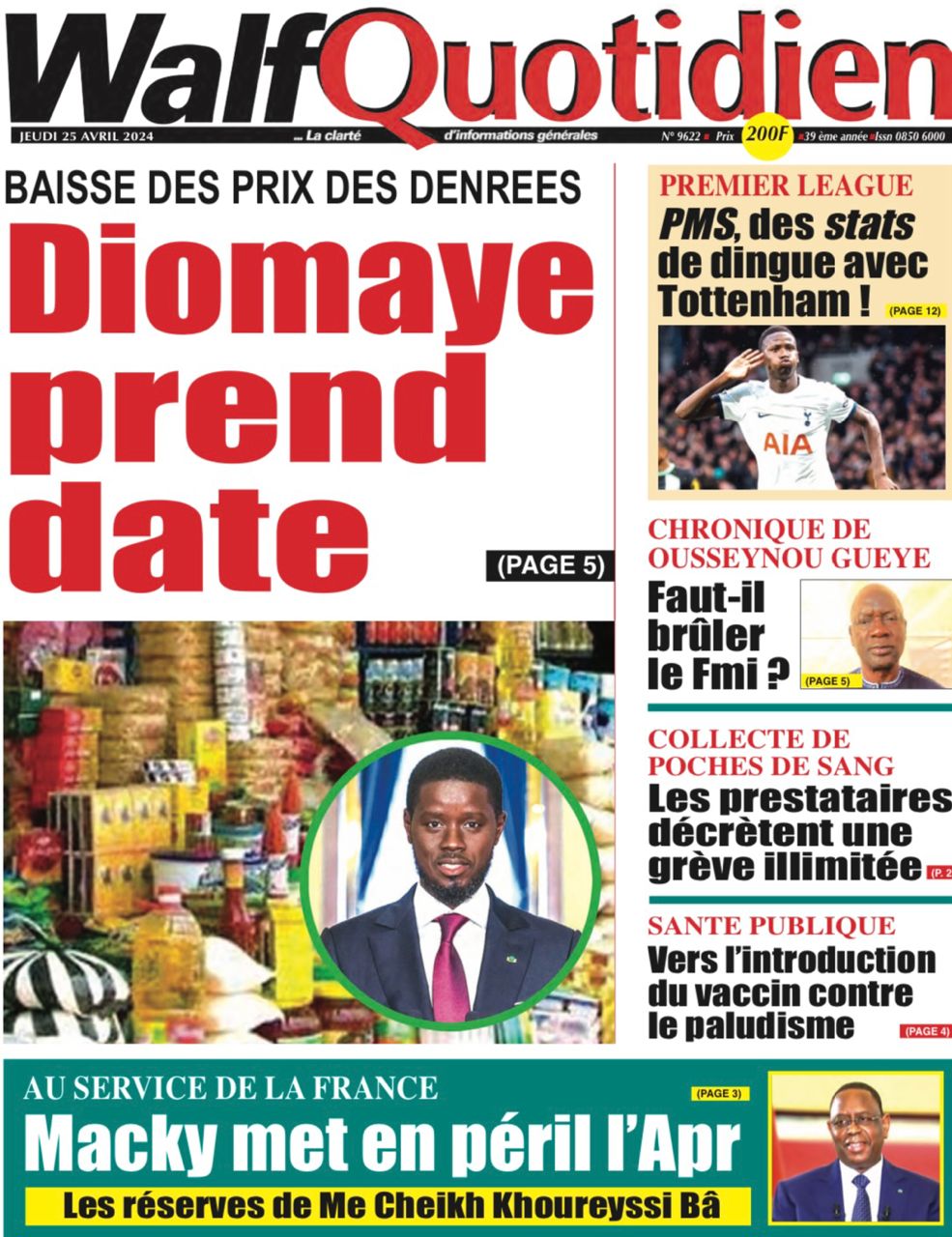 La Une du journal le Réveil du 25 Avril 2024