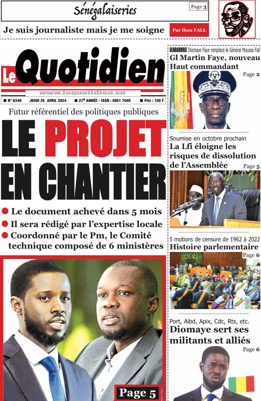 La Une du journal le Réveil du 25 Avril 2024