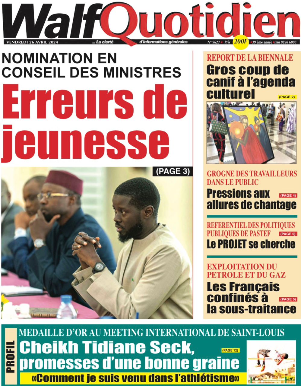 La Une du journal le réveil du vendredi 26 Avril 2024