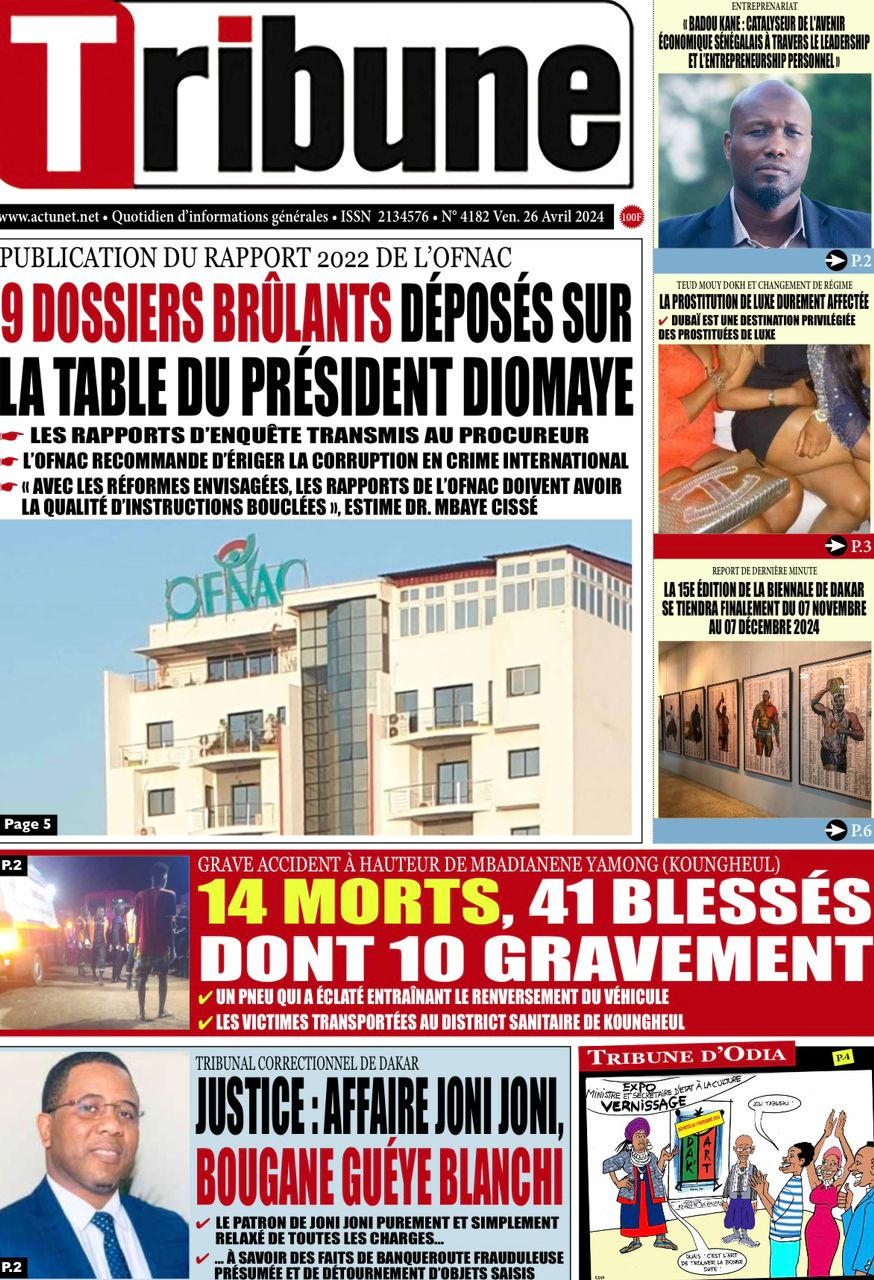 La Une du journal le réveil du vendredi 26 Avril 2024