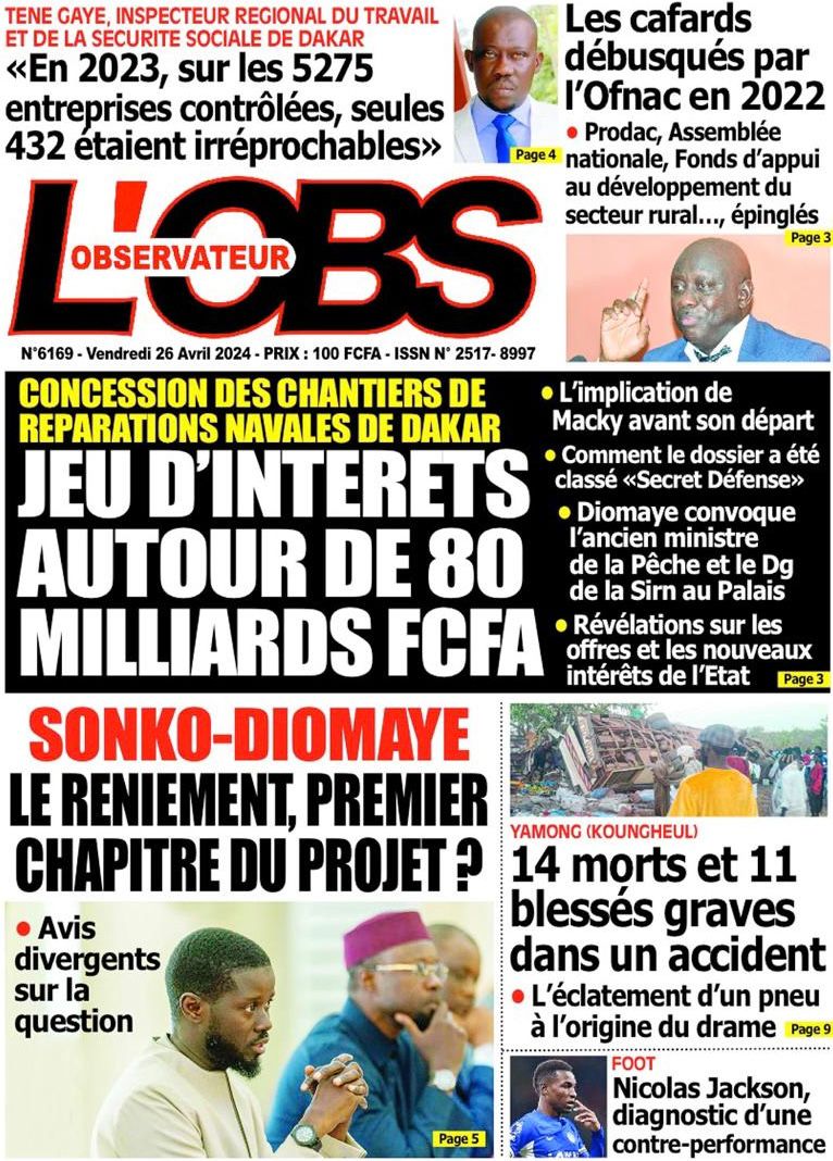 La Une du journal le réveil du vendredi 26 Avril 2024