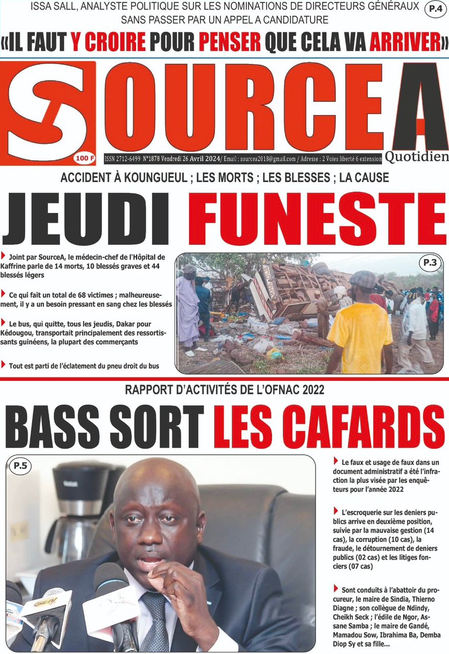 La Une du journal le réveil du vendredi 26 Avril 2024