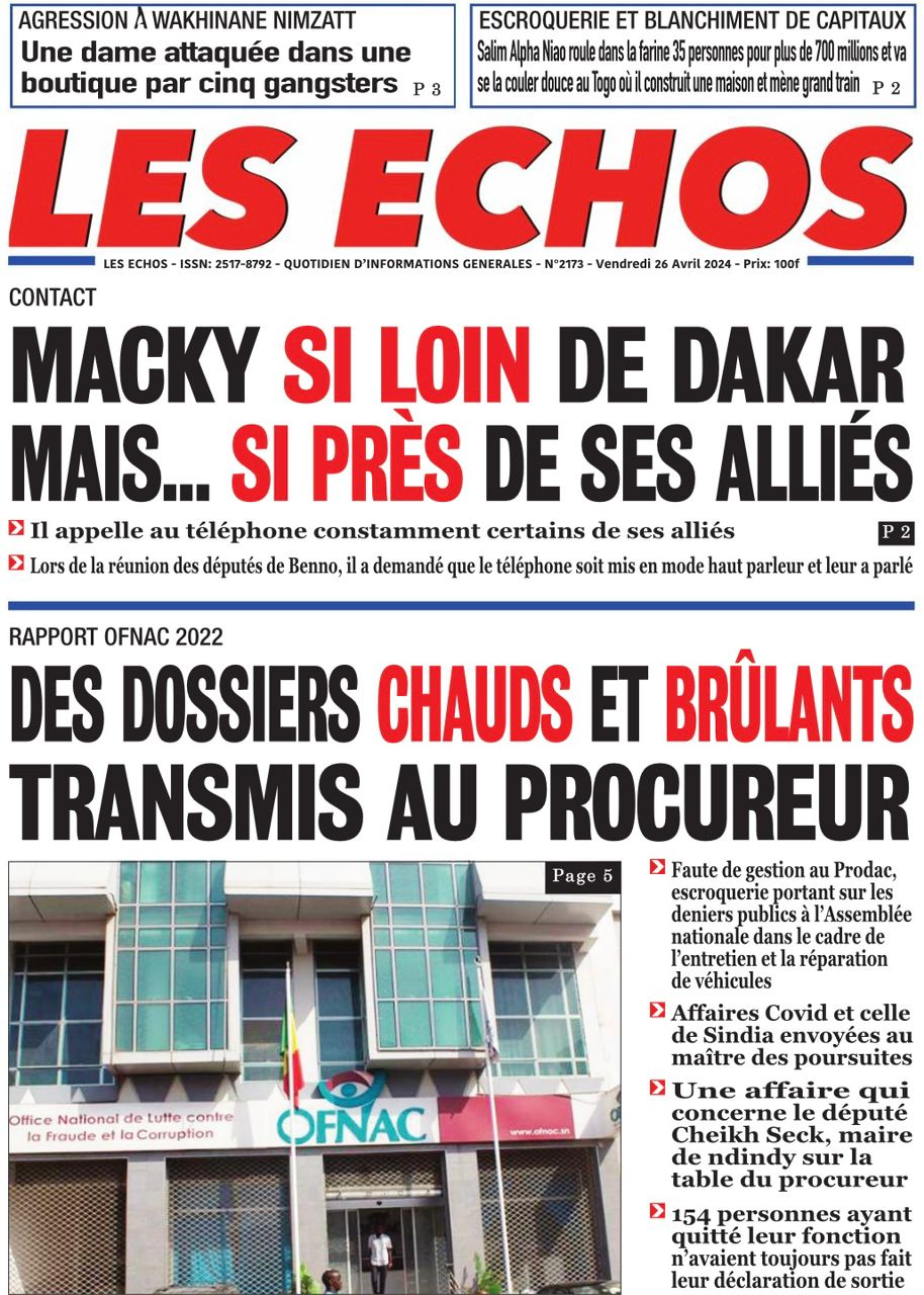 La Une du journal le réveil du vendredi 26 Avril 2024