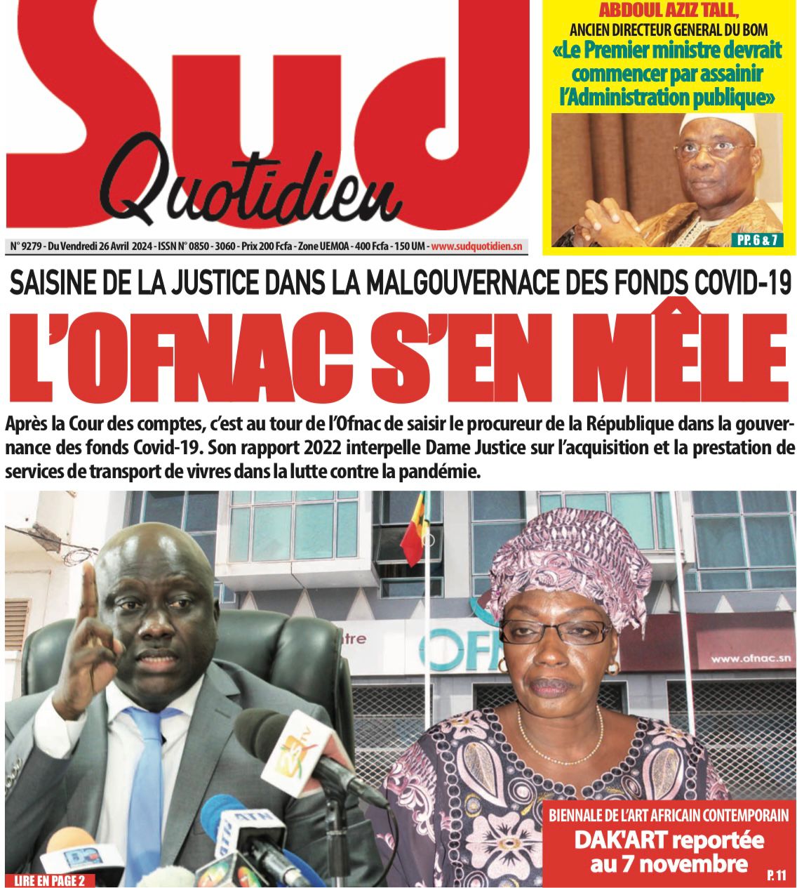 La Une du journal le réveil du vendredi 26 Avril 2024