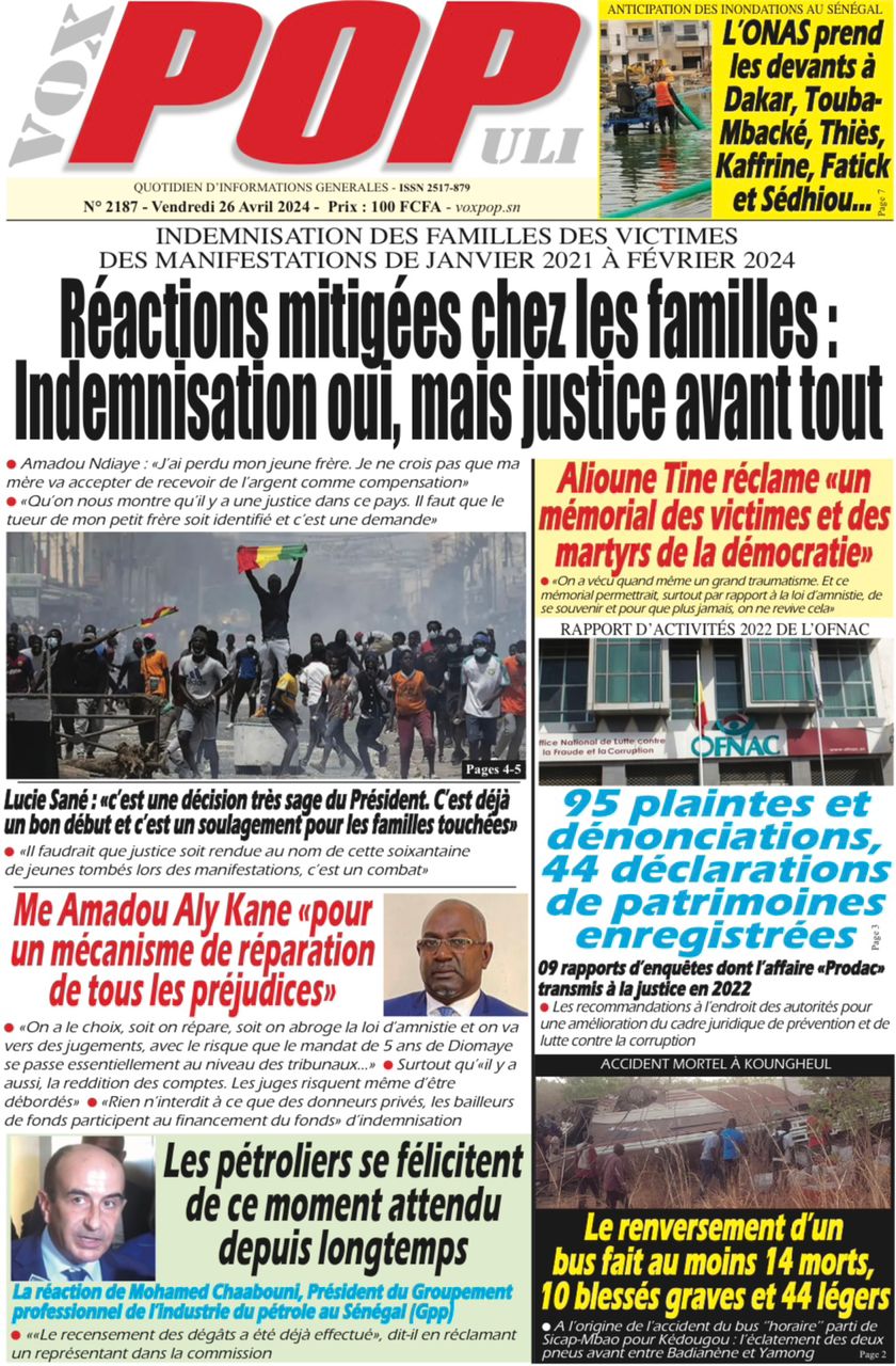 La Une du journal le réveil du vendredi 26 Avril 2024