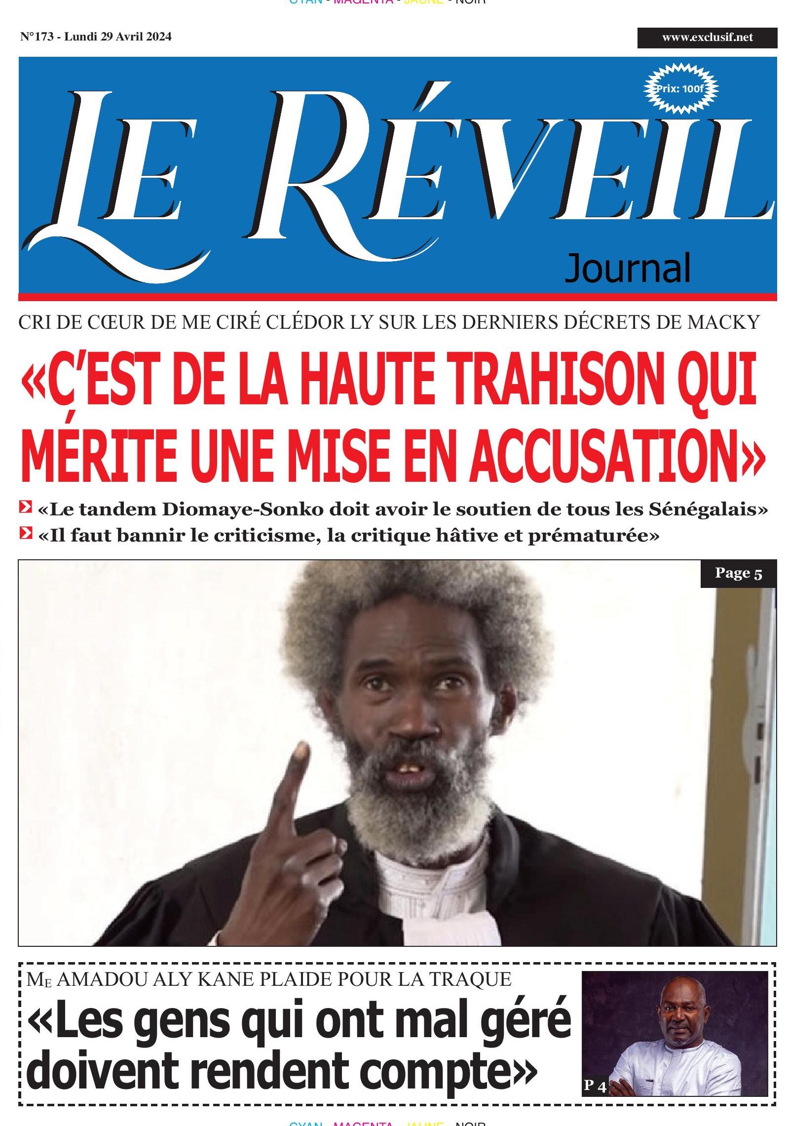 La Une du journal le réveil du Lundi 29 avril 2024