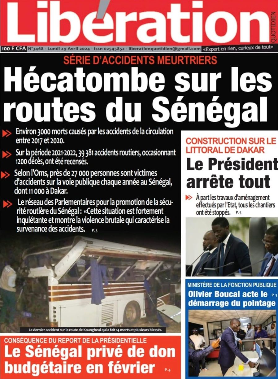 La Une du journal le réveil du Lundi 29 avril 2024