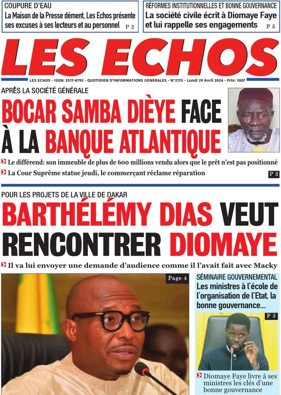 La Une du journal le réveil du Lundi 29 avril 2024