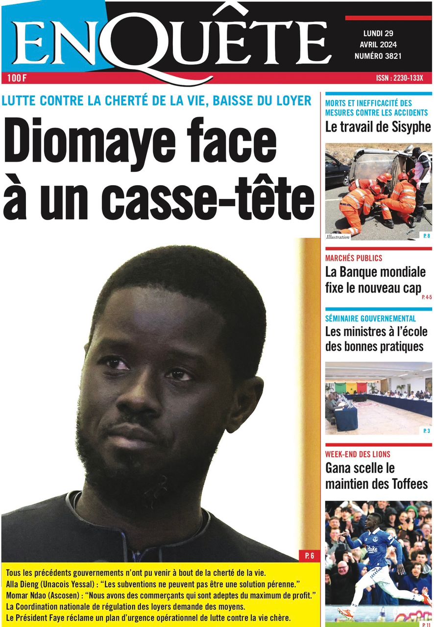 La Une du journal le réveil du Lundi 29 avril 2024