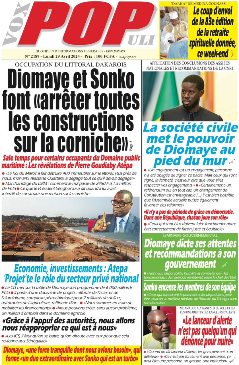 La Une du journal le réveil du Lundi 29 avril 2024