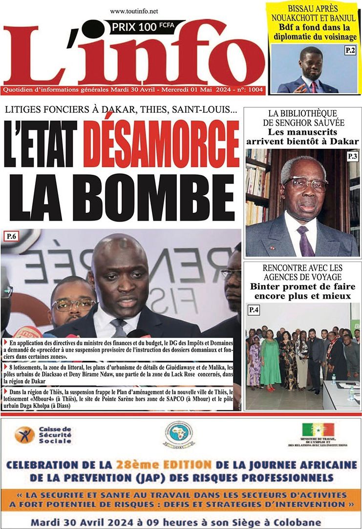 La Une du journal le réveil du Mardi 30 avril 2024