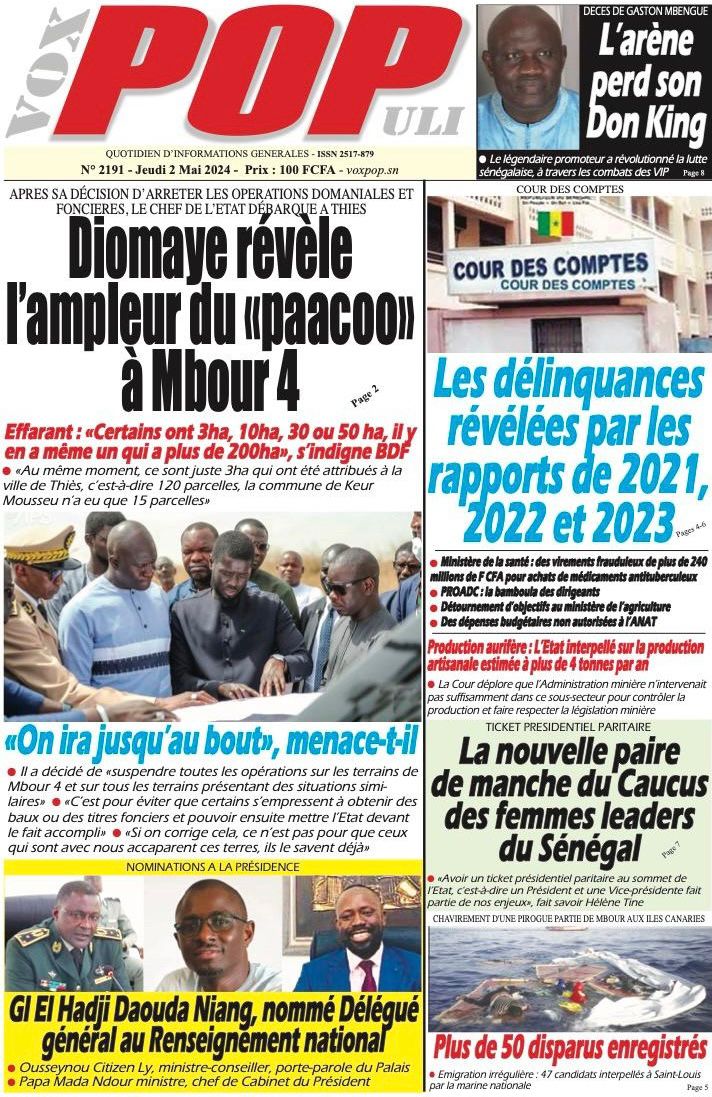 La Une du quotidien le Réveil du jeudi 02 mai 2024