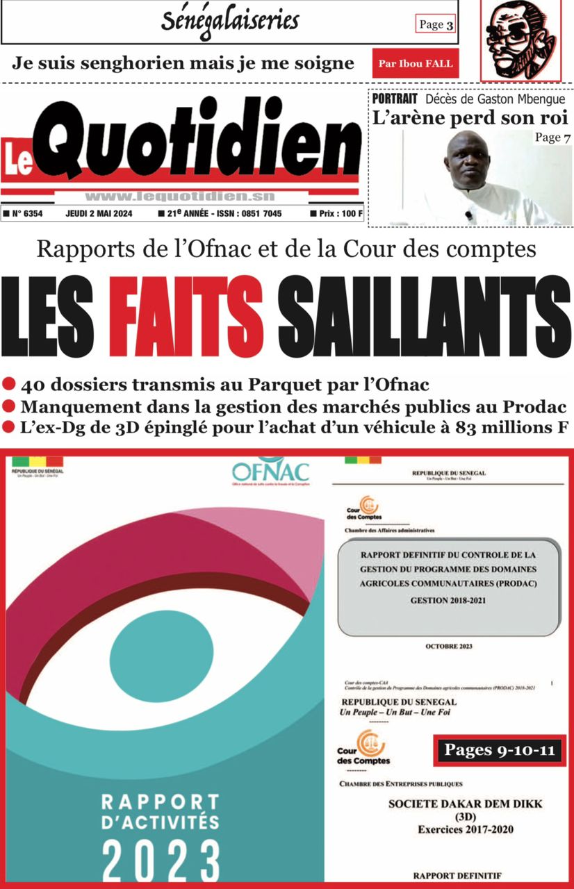 La Une du quotidien le Réveil du jeudi 02 mai 2024