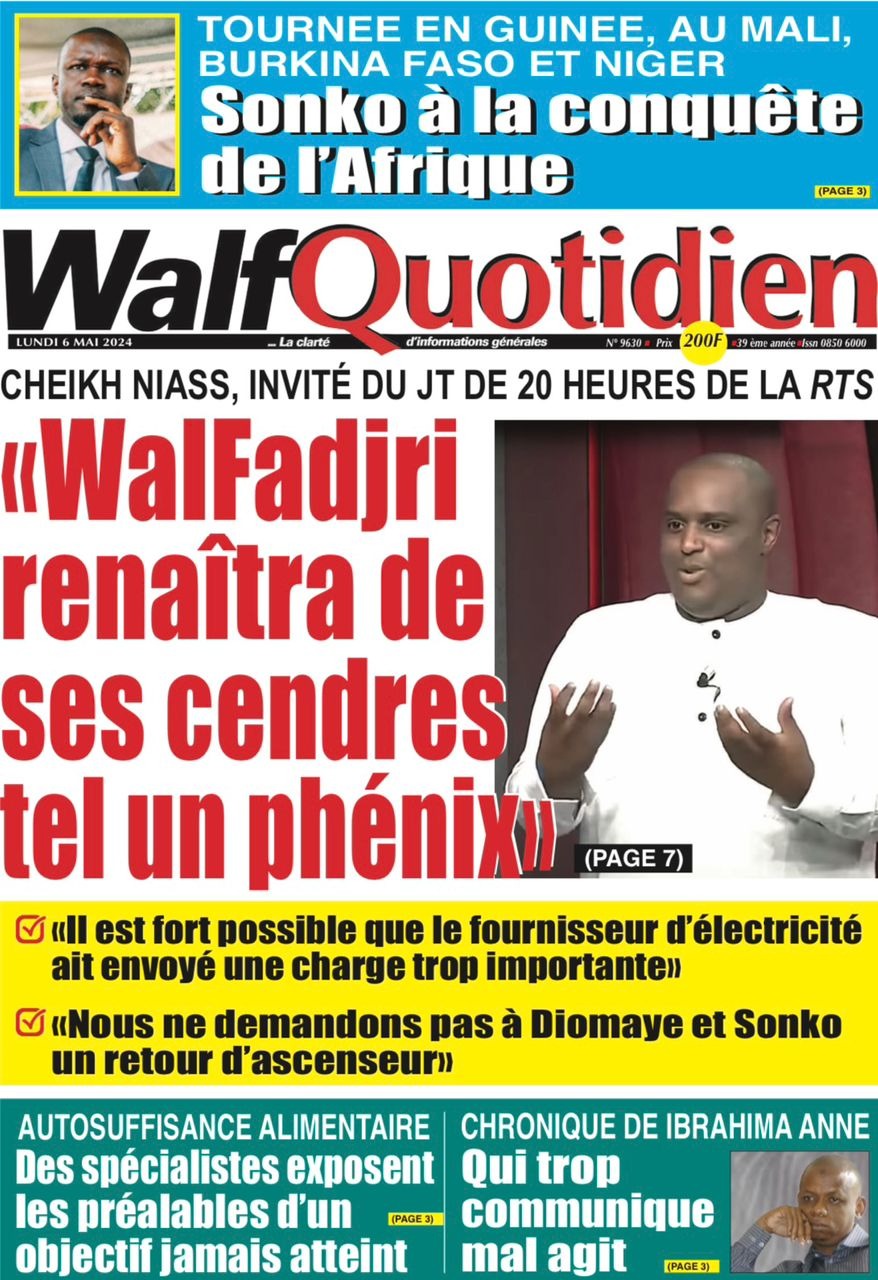 La Une du journal le réveil du Lundi 06 Mai 2024