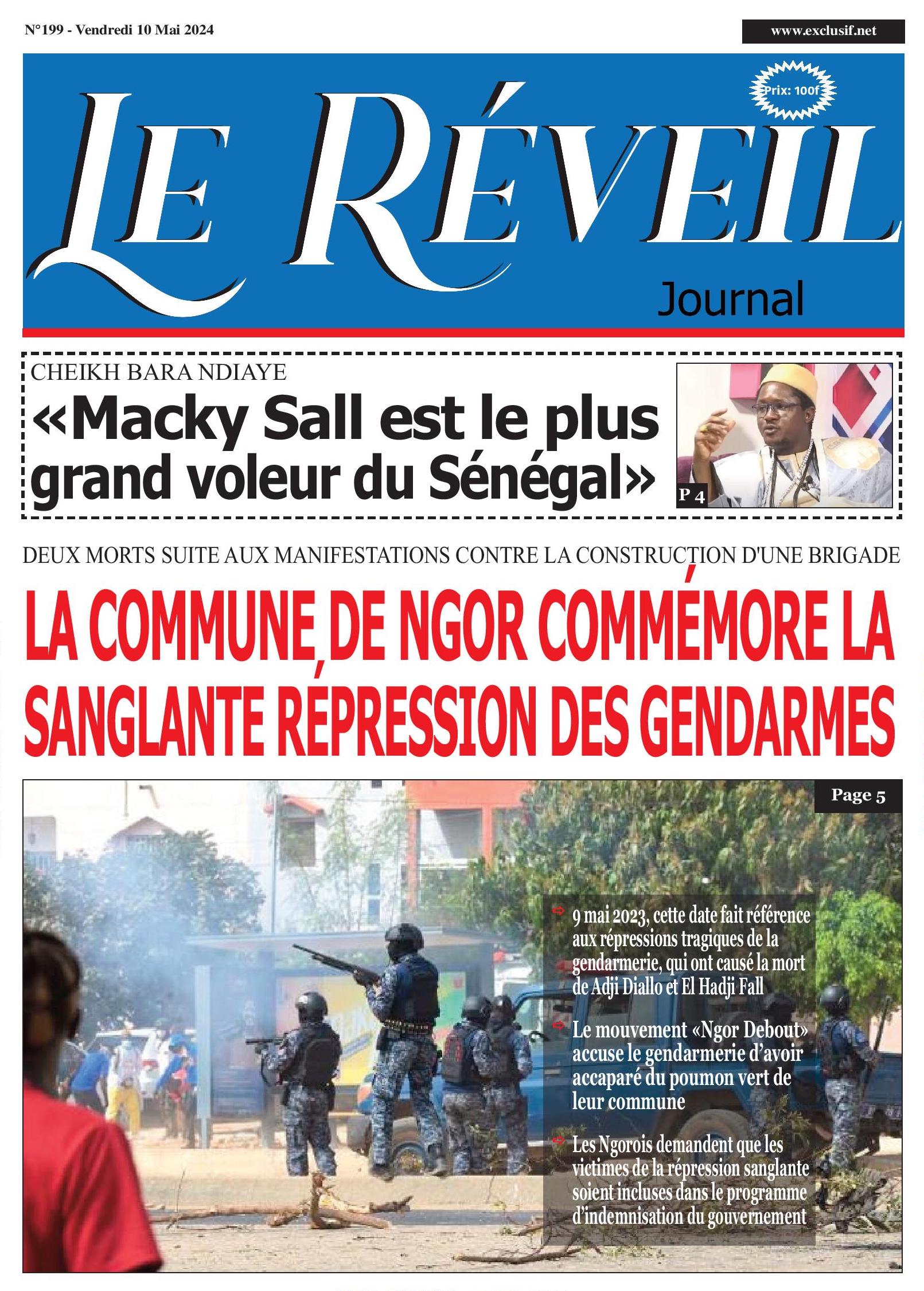 La Une du journal le réveil du Mardi 10 Mai 2024