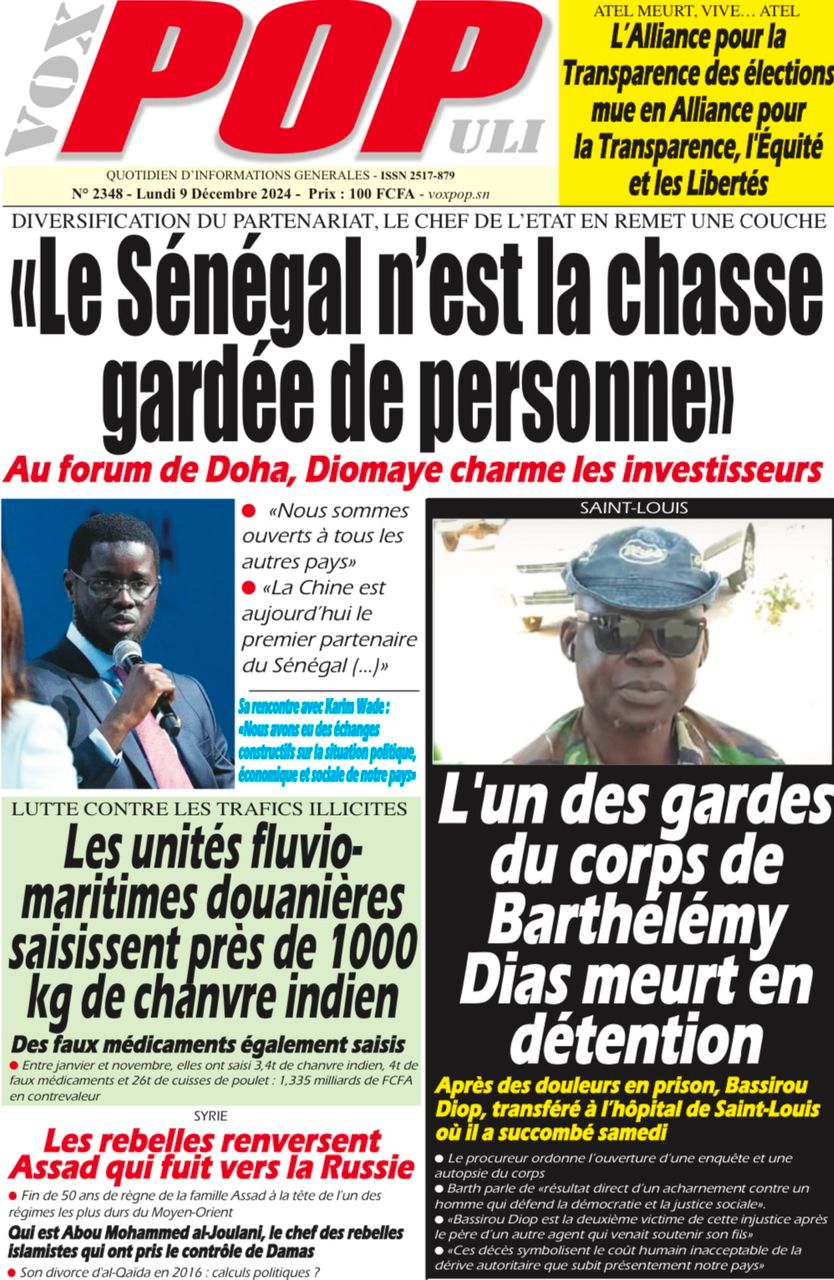 La Une du journal Le Réveil de ce Lundi 09 décembre 2024