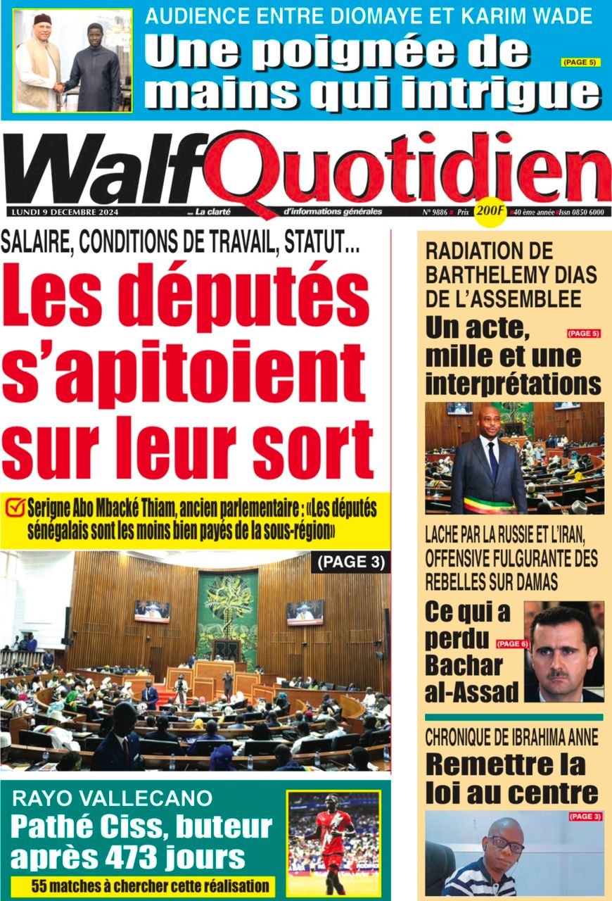 La Une du journal Le Réveil de ce Lundi 09 décembre 2024