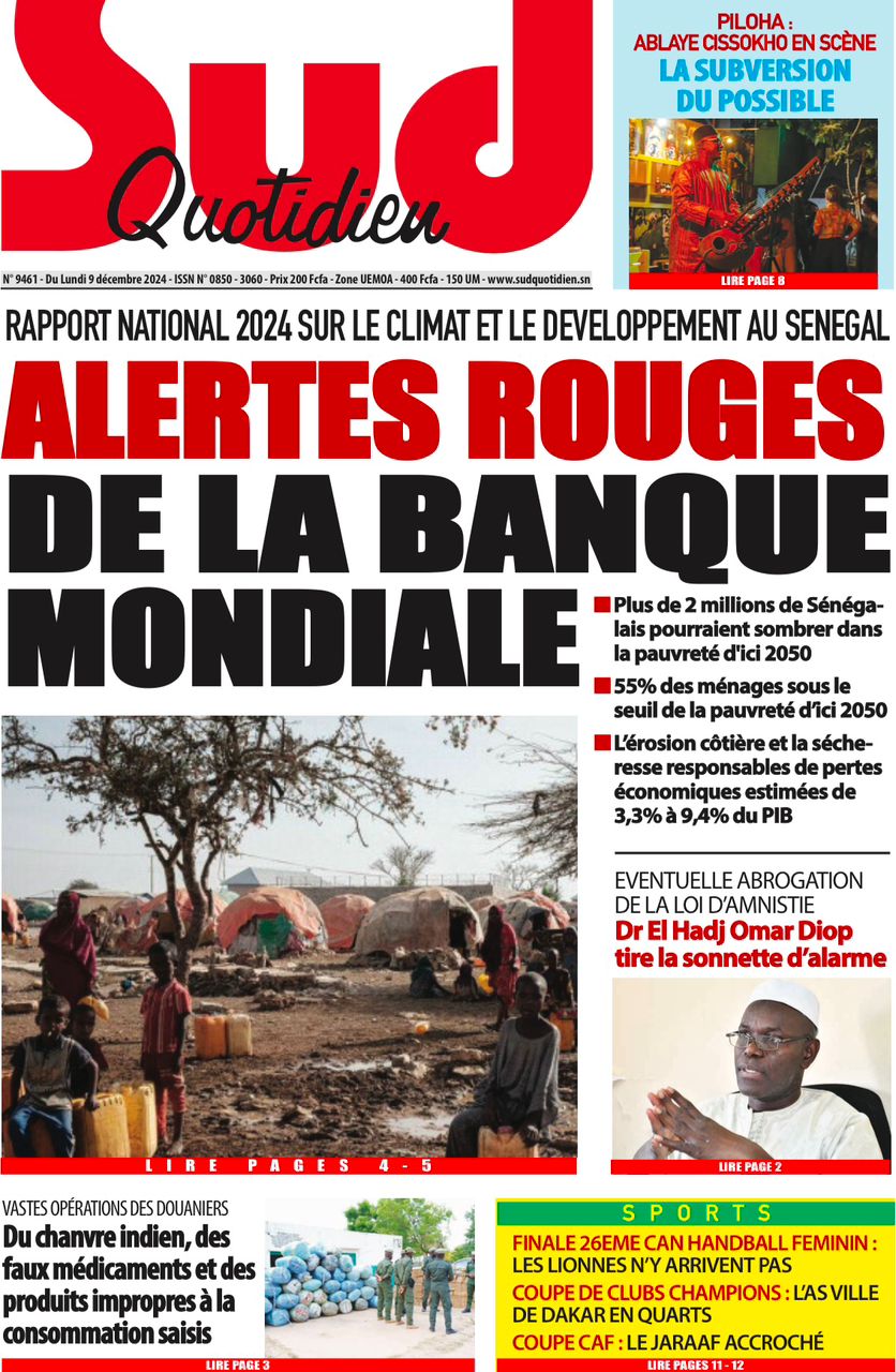 La Une du journal Le Réveil de ce Lundi 09 décembre 2024