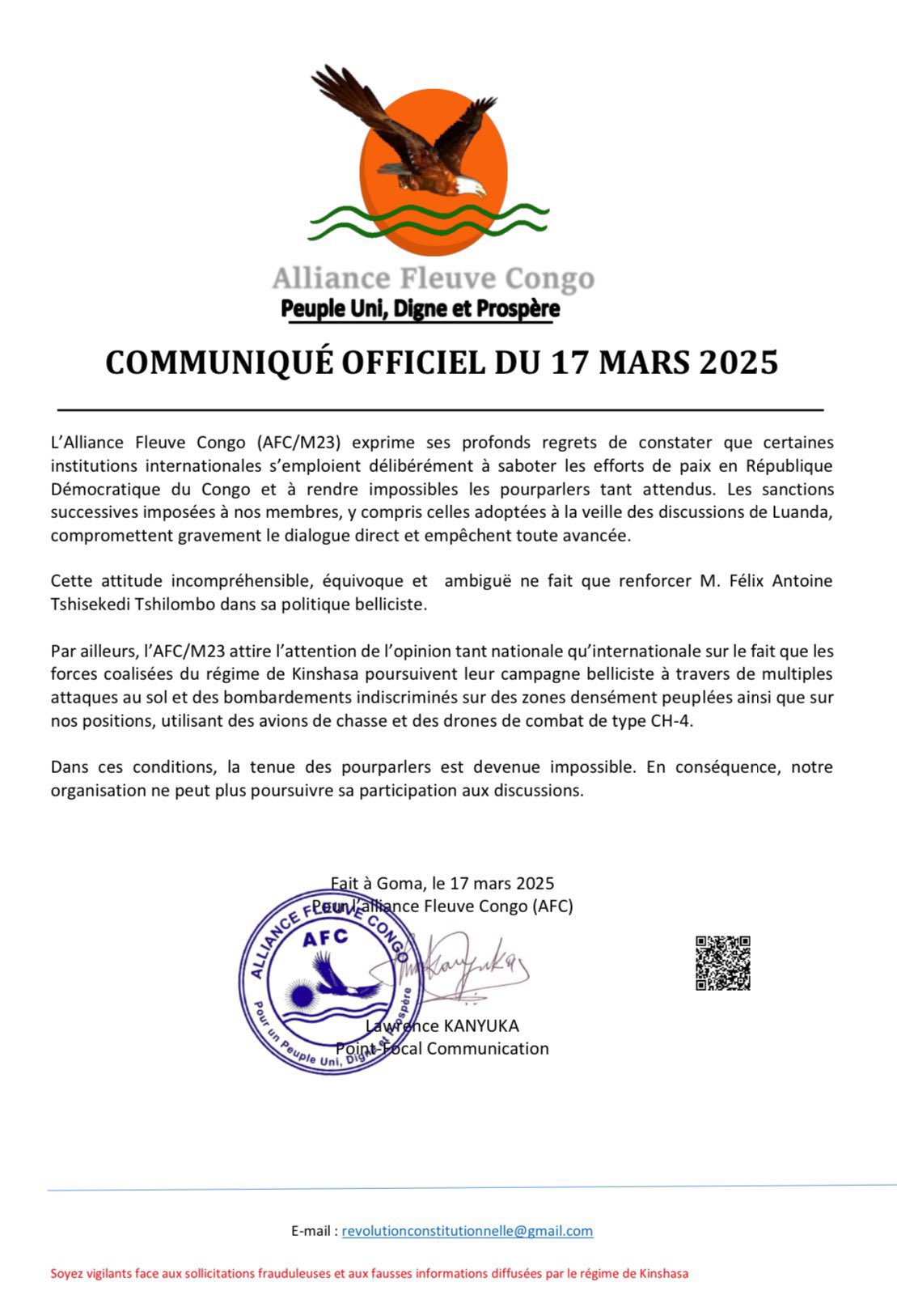 RDC : Les rebelles du  M23-AFC se retirent des négociations et accusent Tshisekedi d’attiser la guerre
