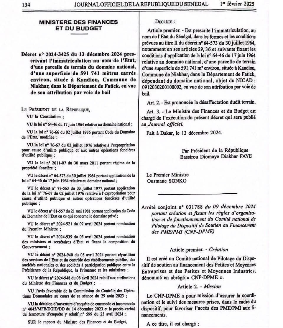 Soutien aux entreprises et gestion du foncier : L'État du Sénégal récupère un terrain d'une superficie de 591 741 m2 (DOCUMENT)