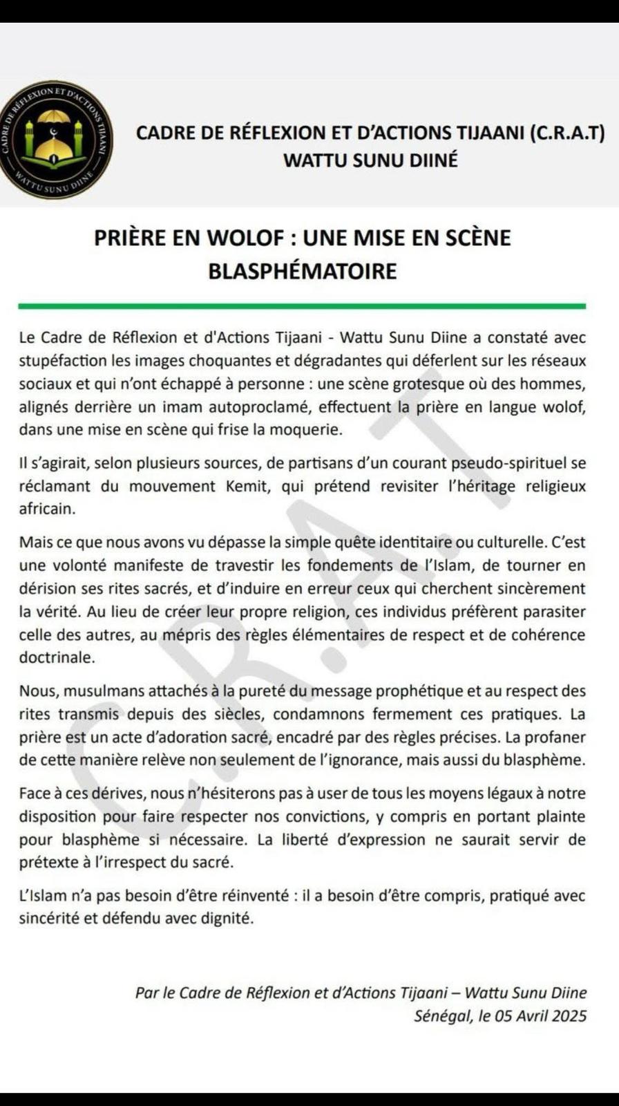 Sénégal : Le Cadre Tijaani dénonce une mise en scène blasphematoire de la prière en Wolof