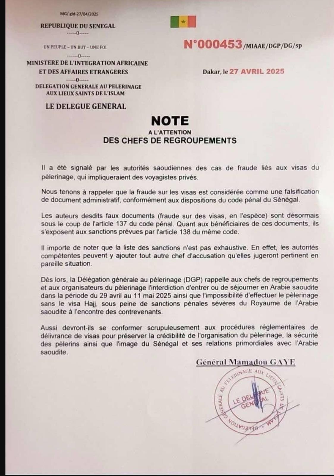 Fraude sur les visas Hajj : Le Général Gaye met en garde des voyagistes privés (DOCUMENT)