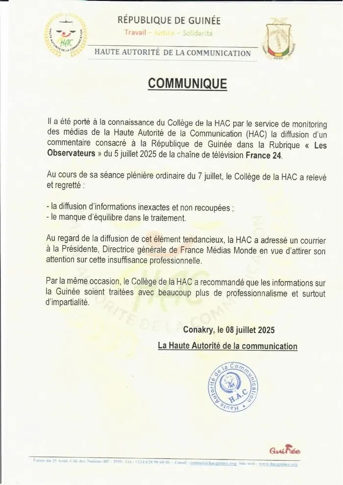 Guinée :  La HAC recadre France 24 après un reportage jugé tendancieux