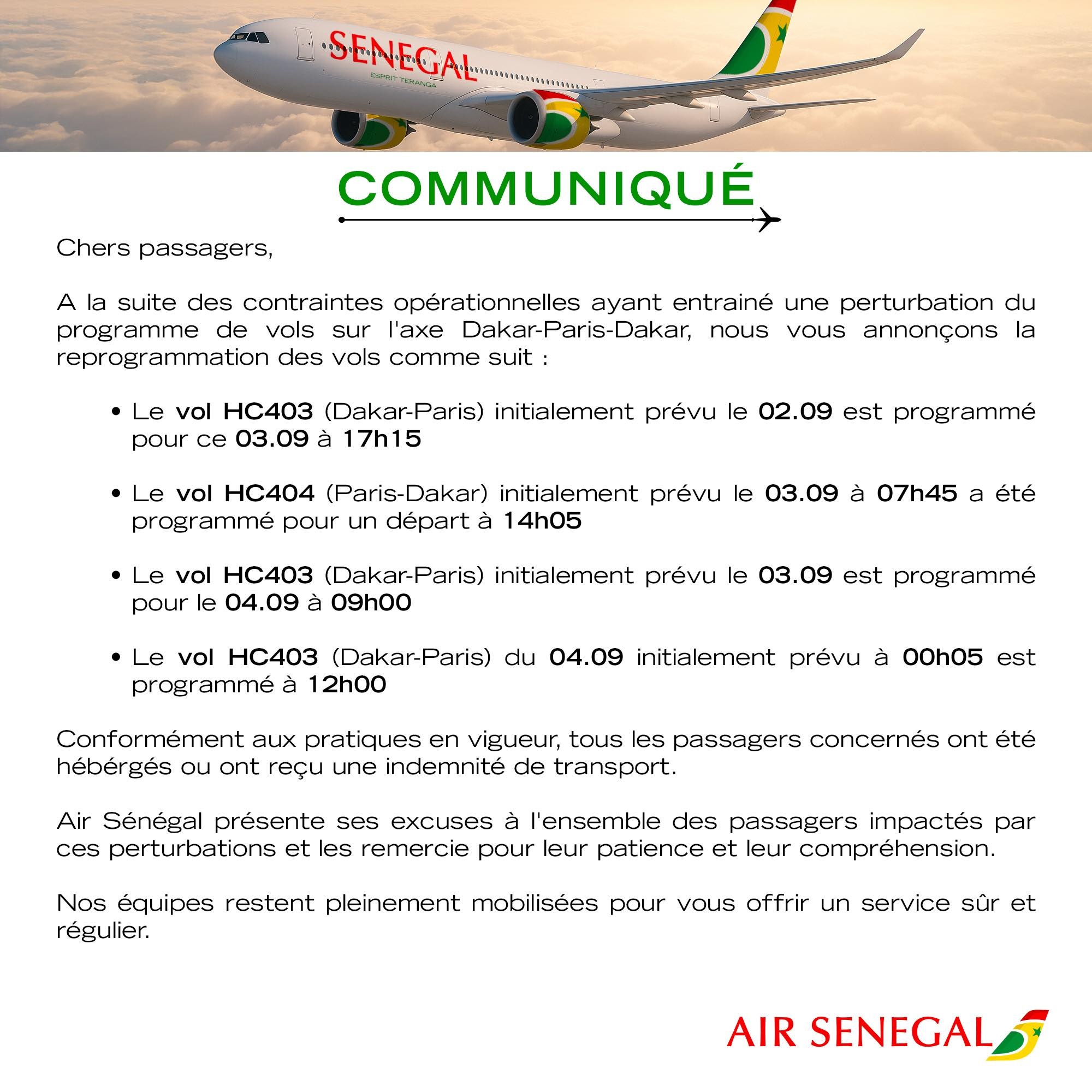 Dakar–Paris : plusieurs vols reprogrammés par Air Sénégal