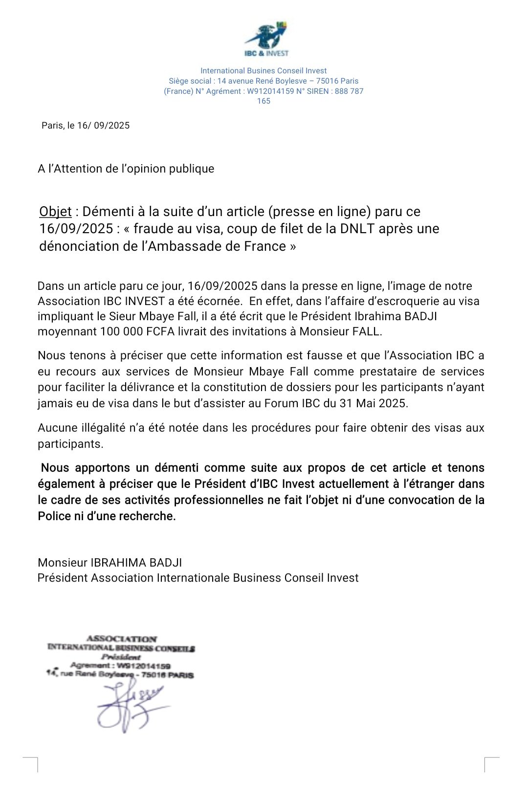 Fraude aux visas : Ibrahima Badji brise le silence et dénonce une “fausse accusation”