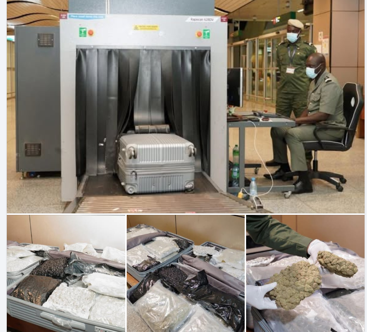 AIBD :les images de la saisie spectaculaire de 32 kg de haschich dissimulés dans des valises