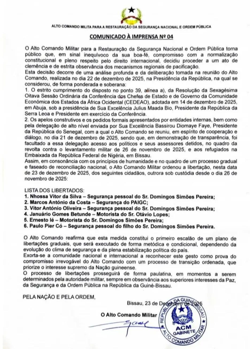 Bissau : la junte libère des proches et membres du personnel de Domingos Simões Pereira