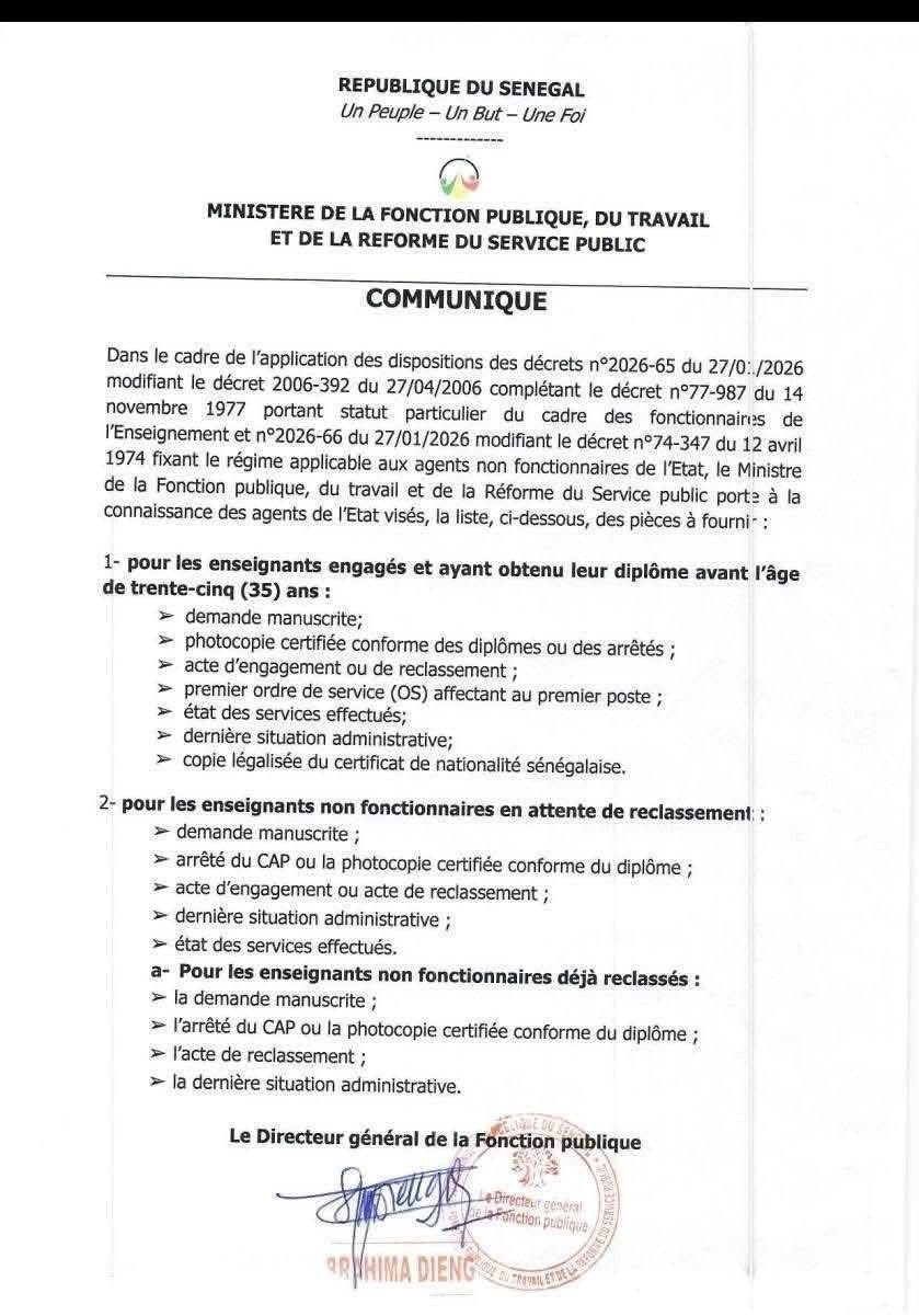 Reclassement des enseignants : le ministère de la Fonction publique fixe la liste des pièces à fournir