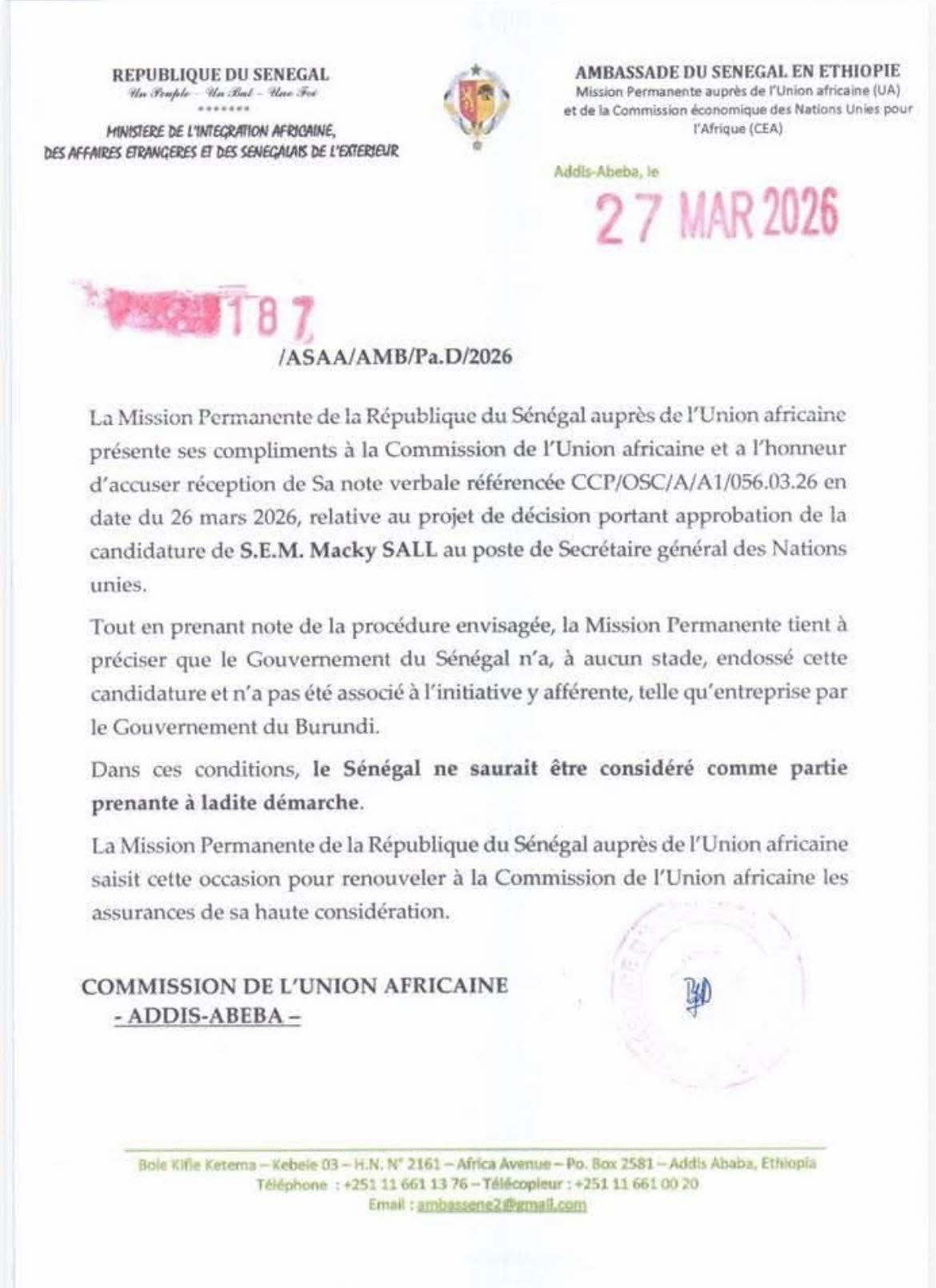 Coup de froid : le Sénégal rejette la candidature de Macky Sall à l’ONU (Communiqué)