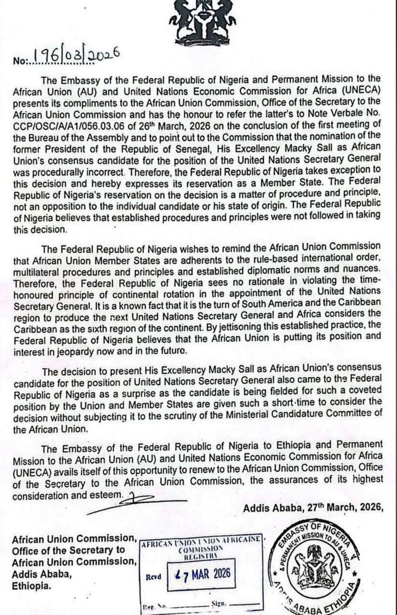 Candidature de Macky Sall à l’ONU : le Nigeria exprime ses « réserves » et dénonce une procédure « incorrecte » (Communiqué)