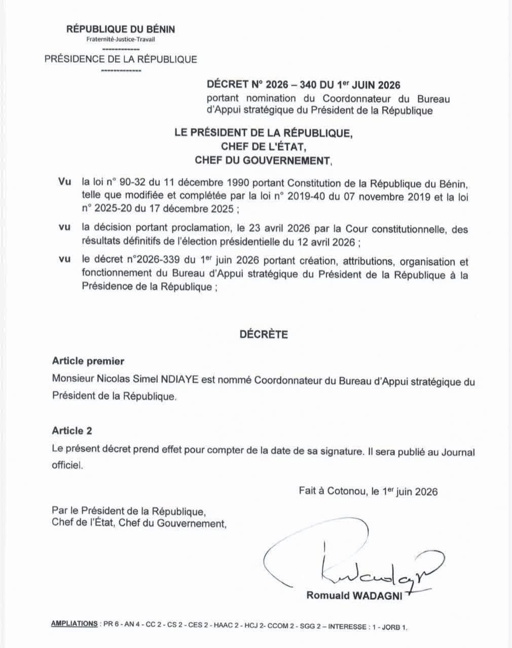 Bénin : Nicolas Simel Ndiaye nommé Coordonnateur du Bureau d’Appui stratégique de la Présidence