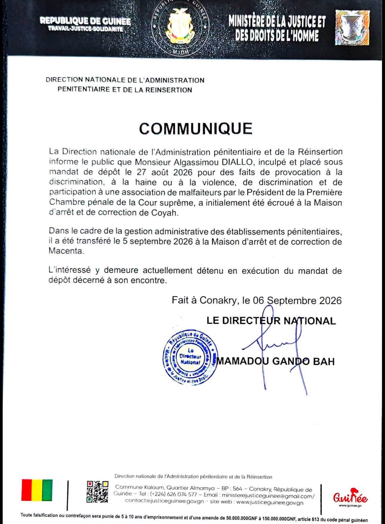 Guinée : donné « disparu » de sa cellule, le magistrat Algassimou Diallo a été transféré à la prison de Macenta