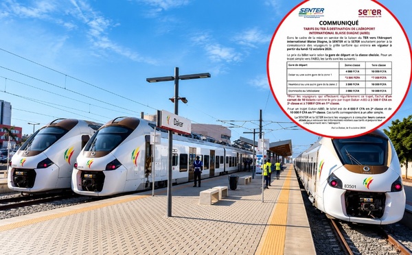 TER vers l’AIBD : les tarifs officiels dévoilés, jusqu’à 10 000 FCFA le trajet en première classe